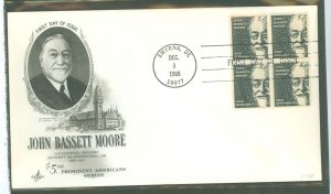 US 1295 john bassett moore (prominant american series) bl of 4 on an unaddressed FDC with an artcraft cachet (small patch of soi