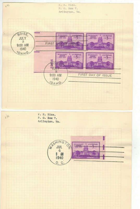 F R RICE FDC 896 RARE SET OF 2 PAGES IDAHO STATEHOOD 1940 Stamps