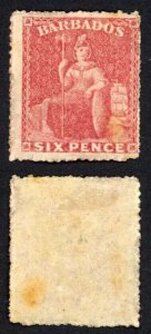 Barbados SG29 6d Rose-red M/M (rust patch) Cat 375 pounds