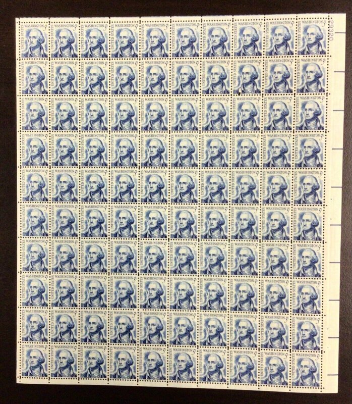 1283B George Washington Clean Face Shiny gum MNH 5 c Sheet of 100 FV $5