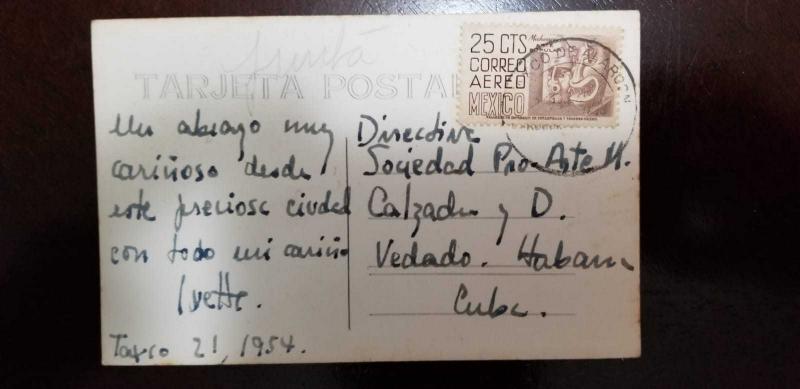 O) 1954 MEXICO, ARCHEOLOGY - MICHOACAN -MASKS SC 189 25c, POSTAL CARD TO CARIBE,