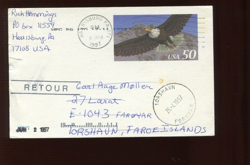 UX219A USED INTERNATIONAL POSTAL CARD TO FAROE ISLANDS WITH RETOUR MARKING
