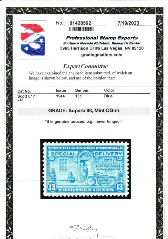 MOstamps- US #E17 Mint OG NH Grade 98 with PSE Cert - Lot # MO-4377 SMQ $125