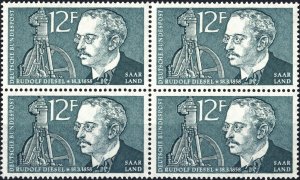 SARRE / SAAR / SAARLAND - 1958 Mi.432 12fr Rudolf Diesel - Block of 4 **