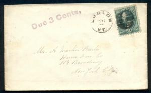 1888, LUDLOW, VT, 3¢ tied w/Due 3 Cents in purple, VF