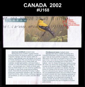 CANADA 2002 #U168 AMERICAN GOLDFINCH BIRDS TOPICAL CUT SQUARE + CANADAPOST LABEL