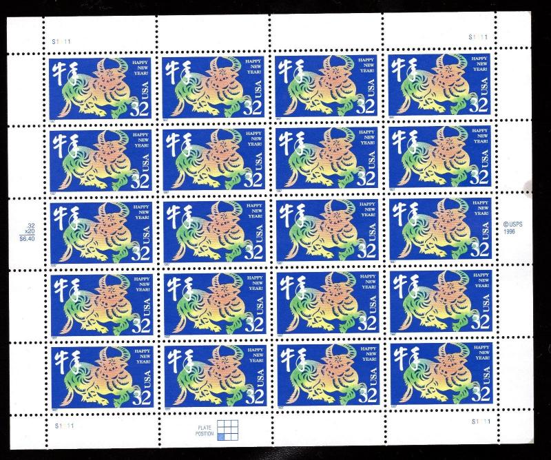 Year of the Ox Chinese Lunar New Year Scott 3120 32¢ Sheet of 20    MNH 