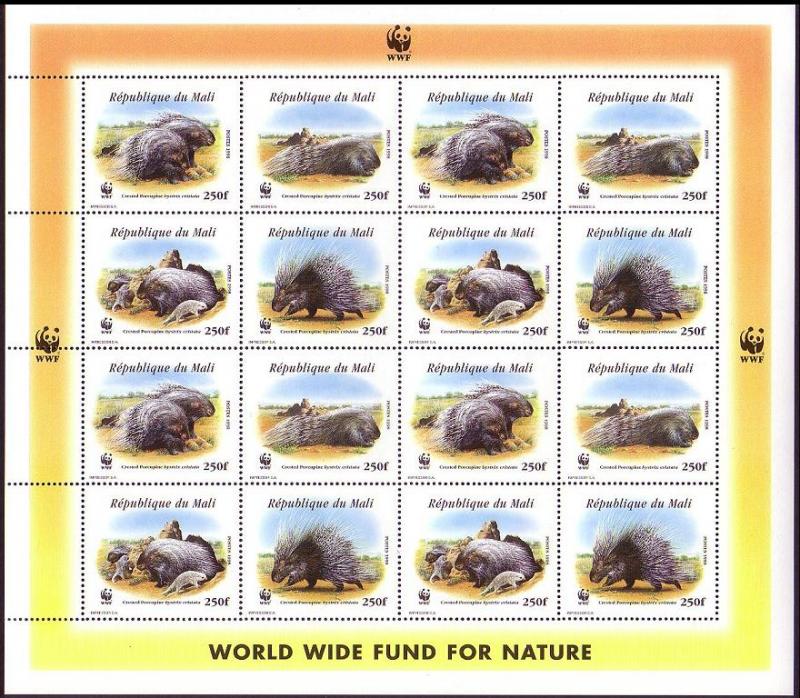 Mali WWF Crested Porcupine Sheetlet of 4 sets SC#918 a-d MI#1974-77