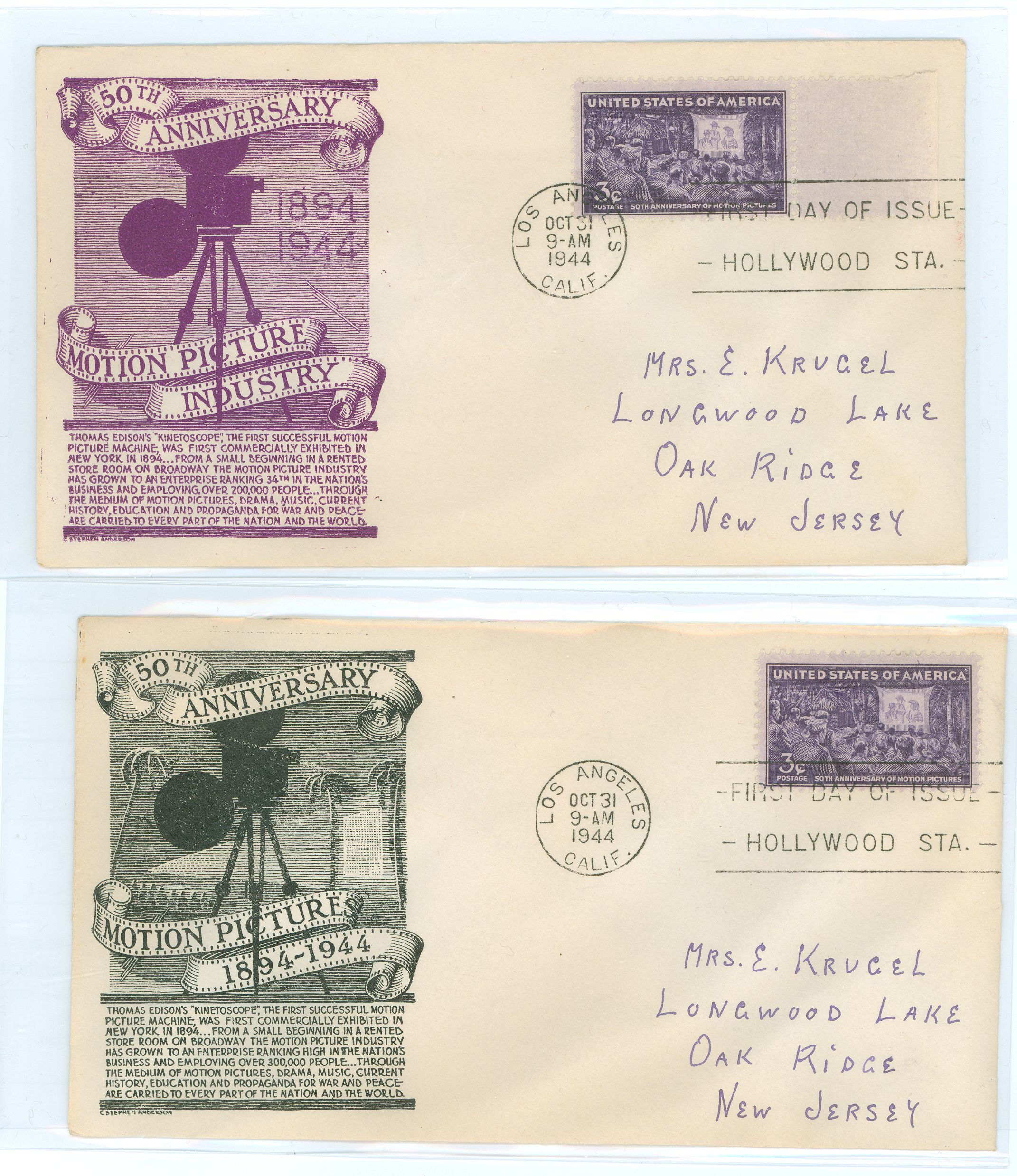 US 926 1944 3c Motion pictures/50th anniversary (singles) on two