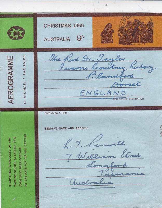 Australia 1966 9c Christmas Aerogramme Longford-Blandford VGC