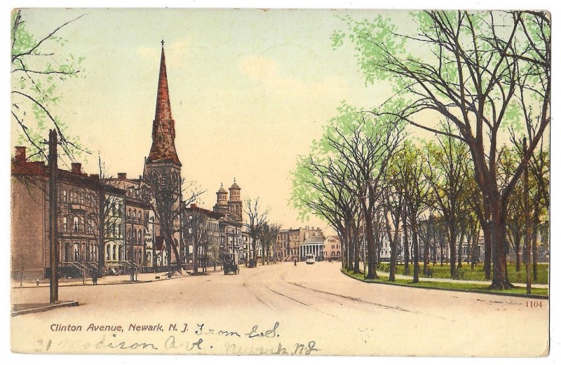Clinton Avenue, Newark, New Jersey, Undivided Back Postcard Mailed 1906