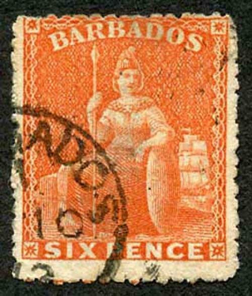 BARBADOS SG46 6d Orange-Vermilion Rough Perf 14 to 16 Large Star Cat 90 (E3)