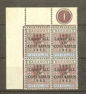 BAHAMAS SG174 1942 LANDFALL 5/= PLATE BLOCK OF 4 MINT