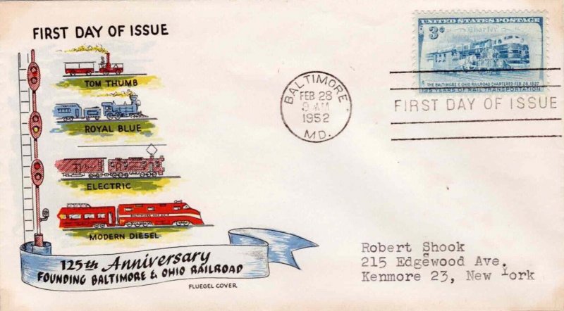 USA FDC 1952 Sc 1006 Fluegel Cachet Baltimore & Ohio First Day Cover