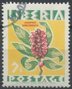 Liberia Sc#351 Used, 7c emrld, yel & car, Flowers (1955) (1955)