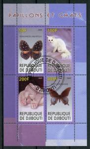 Djibouti 2009 CTO Butterflies & Cats 4v M/S II Papillons Chats Butterfly Stamps