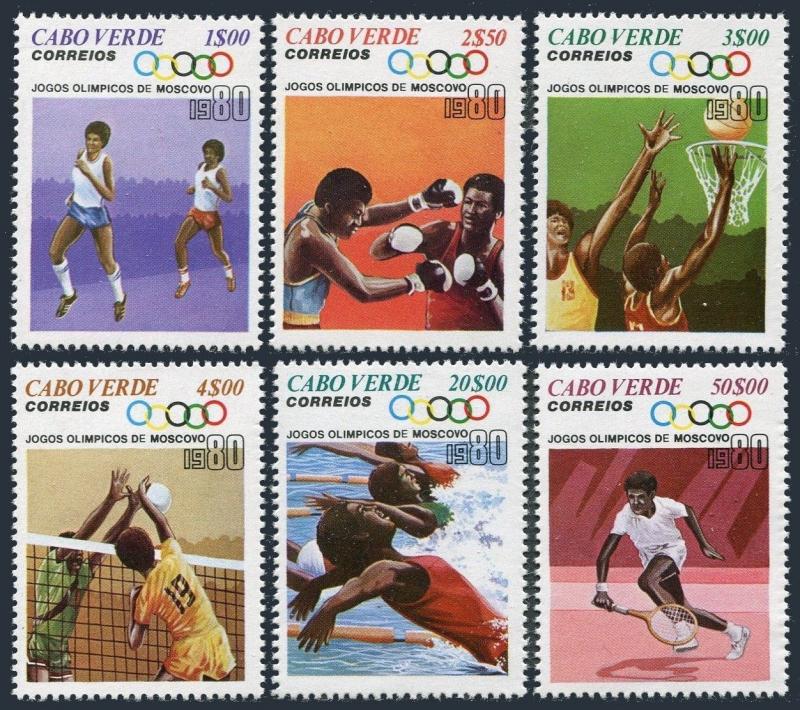 Cape Verde 403-408,409,MNH.Michel 407-412,Bl.2. Olympics Moscow-1980.Basketball,