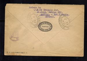 1937 Santos Brazil Registered cover to Newark OH USA Commercial Bank of Sao Paul