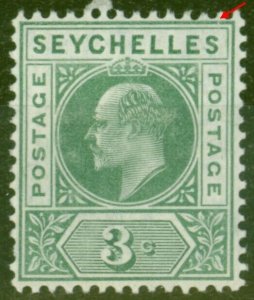 Seychelles 1906 3c Dull Green SG61Var Slotted Frame Fine Mtd Mint 