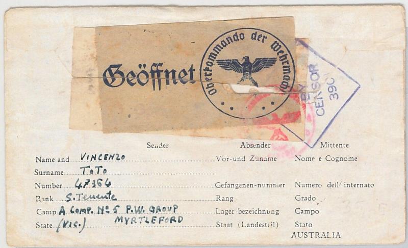 51776 - AUSTRALIA -  POSTAL HISTORY  - TALIAN PRISONER OF WAR POW 1944 cover