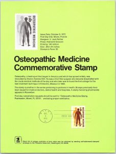 USPS SOUVENIR PAGE OSTEOPATHIC MEDICINE COMMEMORATIVE STAMP 1972
