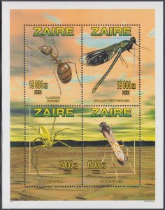 ZAIRE Sc # 1449a-d CPL MNH SOUVENIR SHEET of 4 DIFF INSECTS and SPIDERS