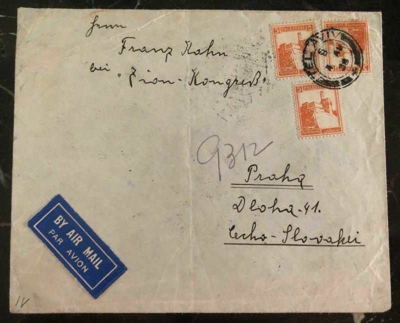 1938 Tel Aviv Palestine Airmail Cover To Zionist Congress Prague Czechoslovakia