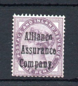 1d LILAC + 'ALLIANCE INSURANCE COMPANY' PROTECTIVE OVERPRINT (LOWERCASE)