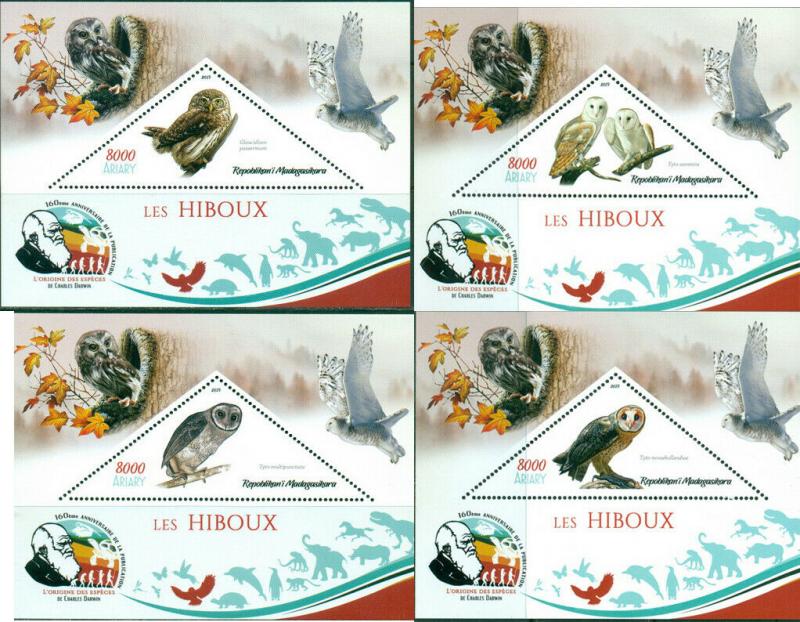 OWLS BIRDS FAUNA CHARLES DARWIN MADAGASCAR 2019 MNH STAMP SET 4 SHEETS