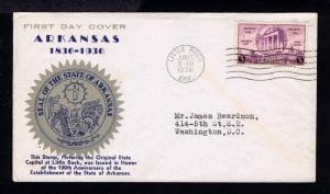 US #782 ARKANSAS 100 YR ANNIVERSARY FDC, LITTLE ROCK, ARK 1936 - VF (ESP#430)