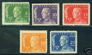 Sweden Scott B32-6 MH* Gustaf complete 1928 set CV $18