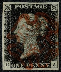 GB 1d Black. Plate 1b DA. Four margins cancelled by red Maltese Cross