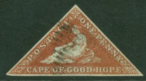 SG 1a Cape of good hope 1853. 1d deep brick red on deeply blued paper. Full...