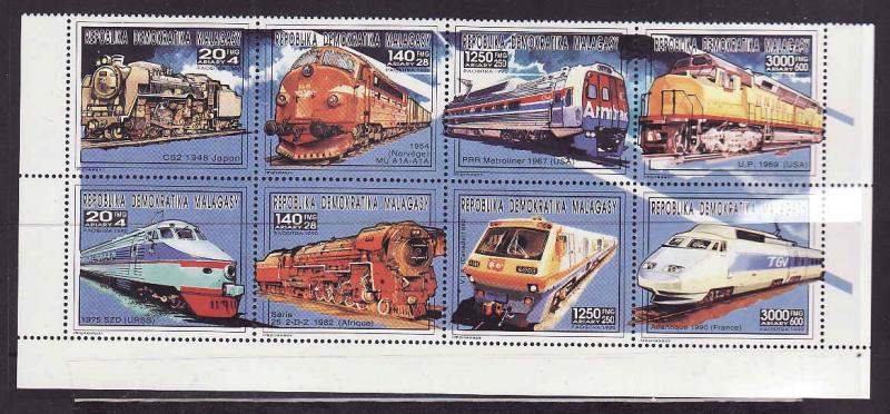 Malagasy-Sc#1102-unused NH block of 8-Trains-1993-