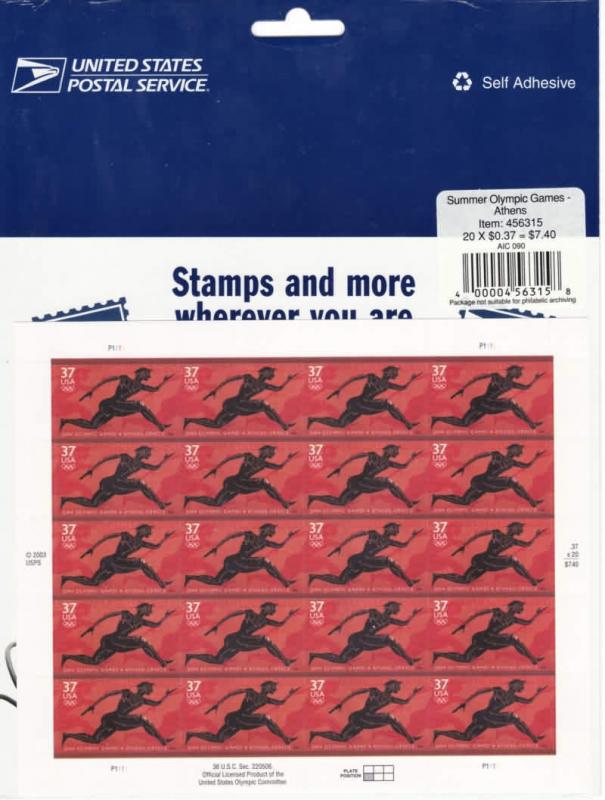 Scott US 3863 37¢ Summer Olympics, Athens, Greece - MNH Pane