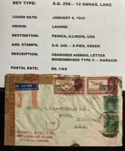 1942 Lahore India Censored Commercial Airmail Cover To Peoria IL USA