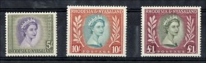 Rhodesia & Nyasaland 1954 5s,10s, & £1, sg13-5, very fine mint cat £99