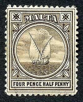 Malta SG32 4 1/2d Sepia wmk Crown CA Hinge remainders Cat 27 pounds 