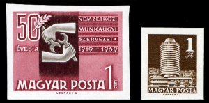 Hungary #1974, 1983 Cat$27, 1969 ILO and Hotel Budapest, two imperf. singles,...