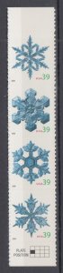 ​(F) USA Sc#4101-4104 SNOWFLAKES Winter Holiday 39¢ Vertical Strip of 4 MNH