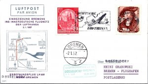 SCHALLSTAMPS GERMANY 1957 LUFTHANSA FIRST FLIGHT CACHET AIRMAIL COVER