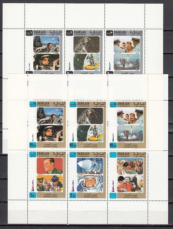 Sharjah, Mi cat. 676-685 A. #1 History of Space, on 2 sheets.