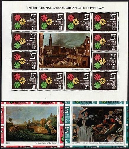 Ghana 375-377 sheets,MNH.Michel 386-388 bogens. ILO 50th Ann.Cogwheels.1970