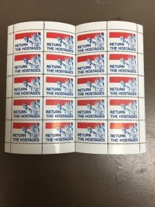 Cinderella Stamps. Return The Hostages. Sheet Of 20. Sheet Has Been Folded.
