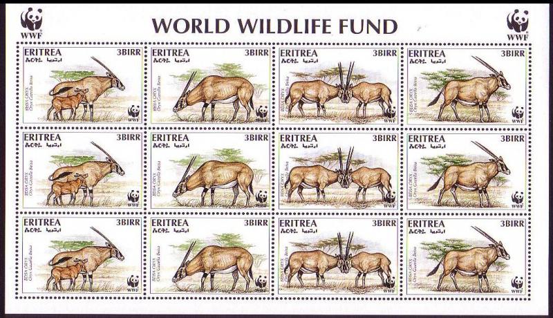 Eritrea WWF Beisa Oryx Sheetlet of 3 sets SG#319-322 SC#261 a-d MI#87-90 CV£20+