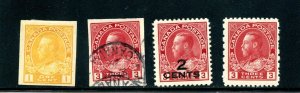 Canada #136, 138, 140, 184 (C882) (4) different issues, MNH, H, U,F-VF,CV$100.00