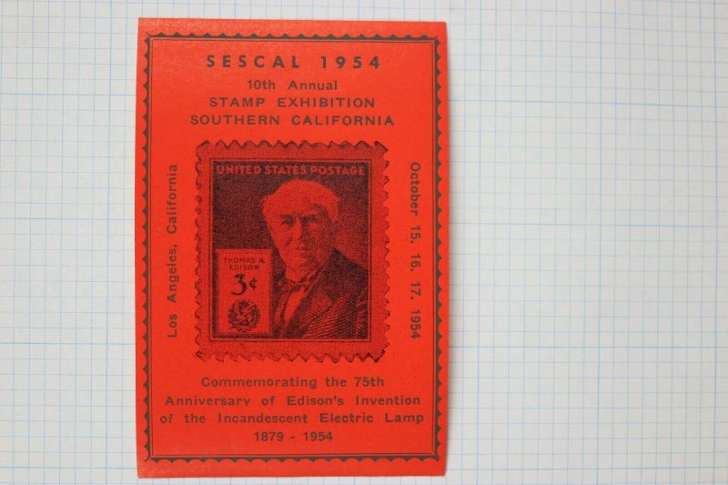 SESCAL 1954 Souvenir Philatelic label ad #945 75th Anniv Edison lamp light bulb