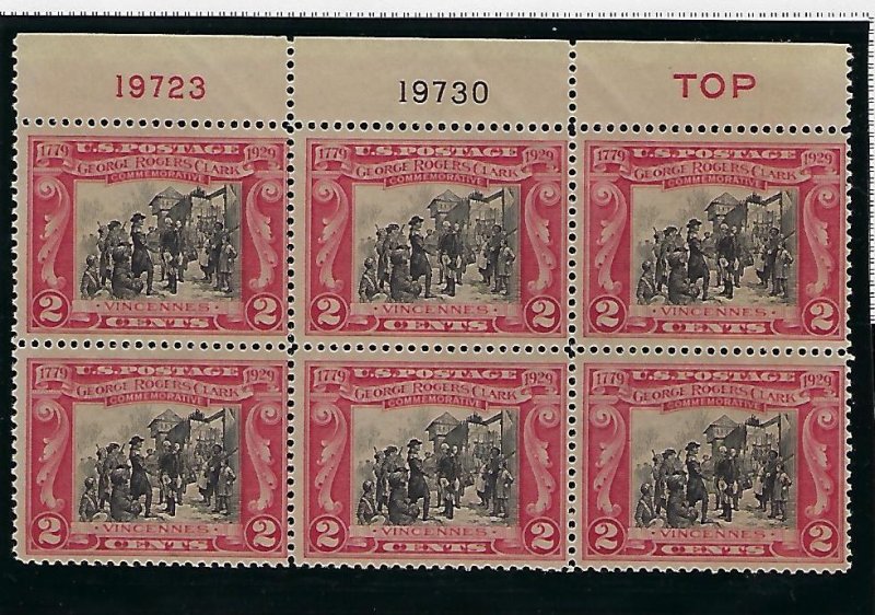 US #651 1929 GEORGE ROGERS CLARK ISSUE - PLATE# BLOCK OF 6  -MINT NEVER HINGED