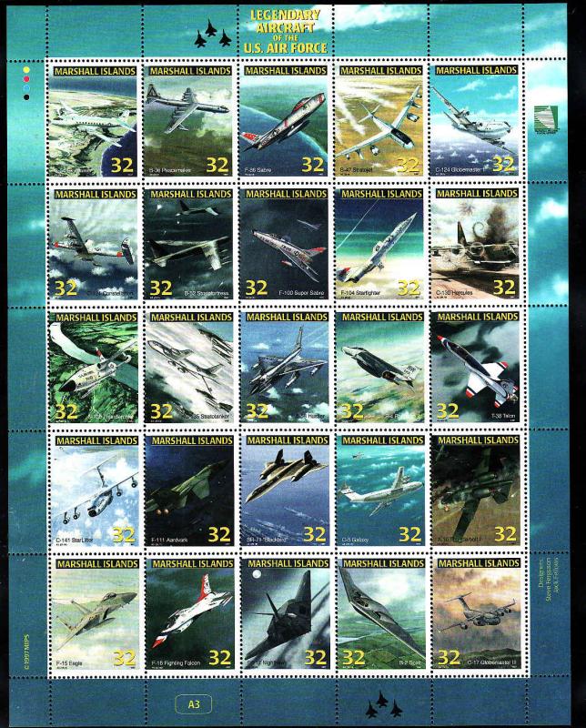 Marshall Is.-Sc#641-Unused NH Sheet-Planes-Legendary Aircraft of USAF-1997-