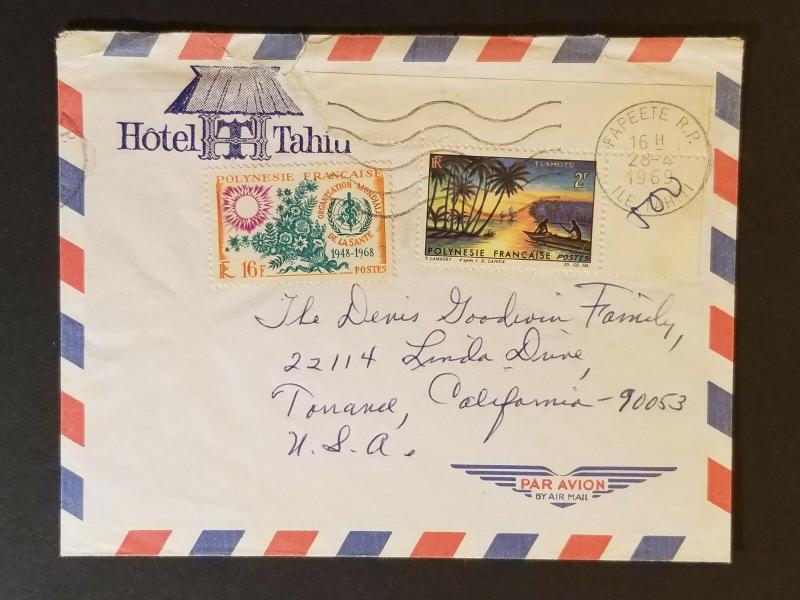 1969 Papeete Tahiti to Los Angeles California USA Airmail Advertising Cover